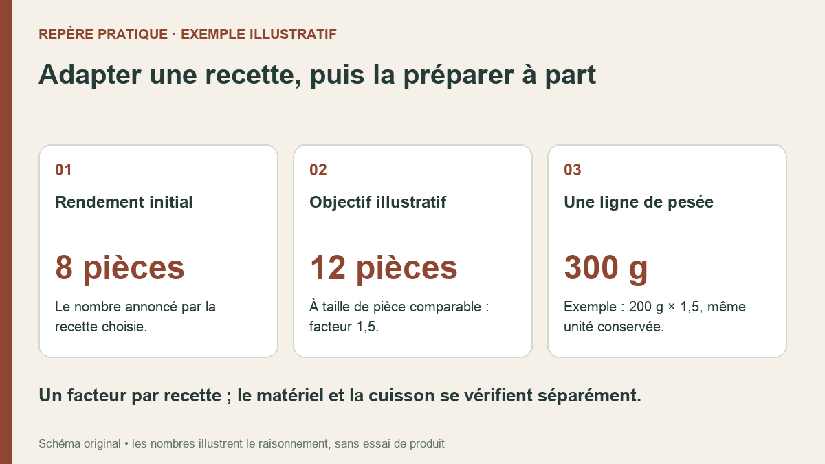Exemple de calcul : une recette de huit pièces adaptée à douze utilise un facteur de un virgule cinq ; deux cents grammes deviennent trois cents grammes.